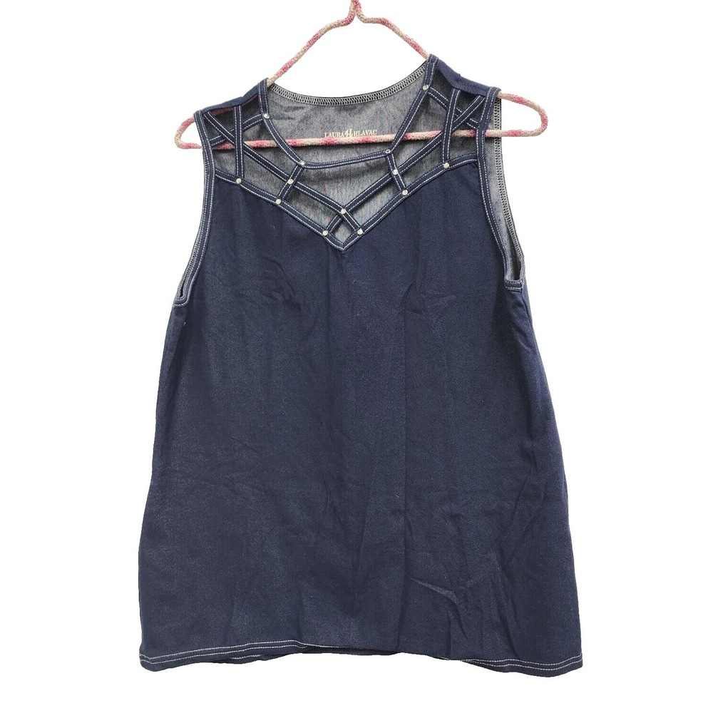Laura Hlavac Tank Top Womens Large Blue Sleeveless Cage Neck‎ Denim Look Stretch